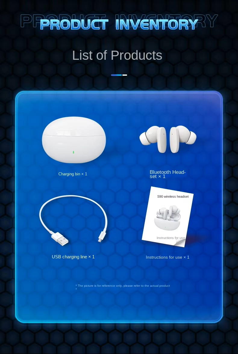 S90 In-Ear Headset Dual Mic LED Battery Indicator HiFi Stereo, Noise Reduction, IPX-3 Waterproof ,BT.5.4