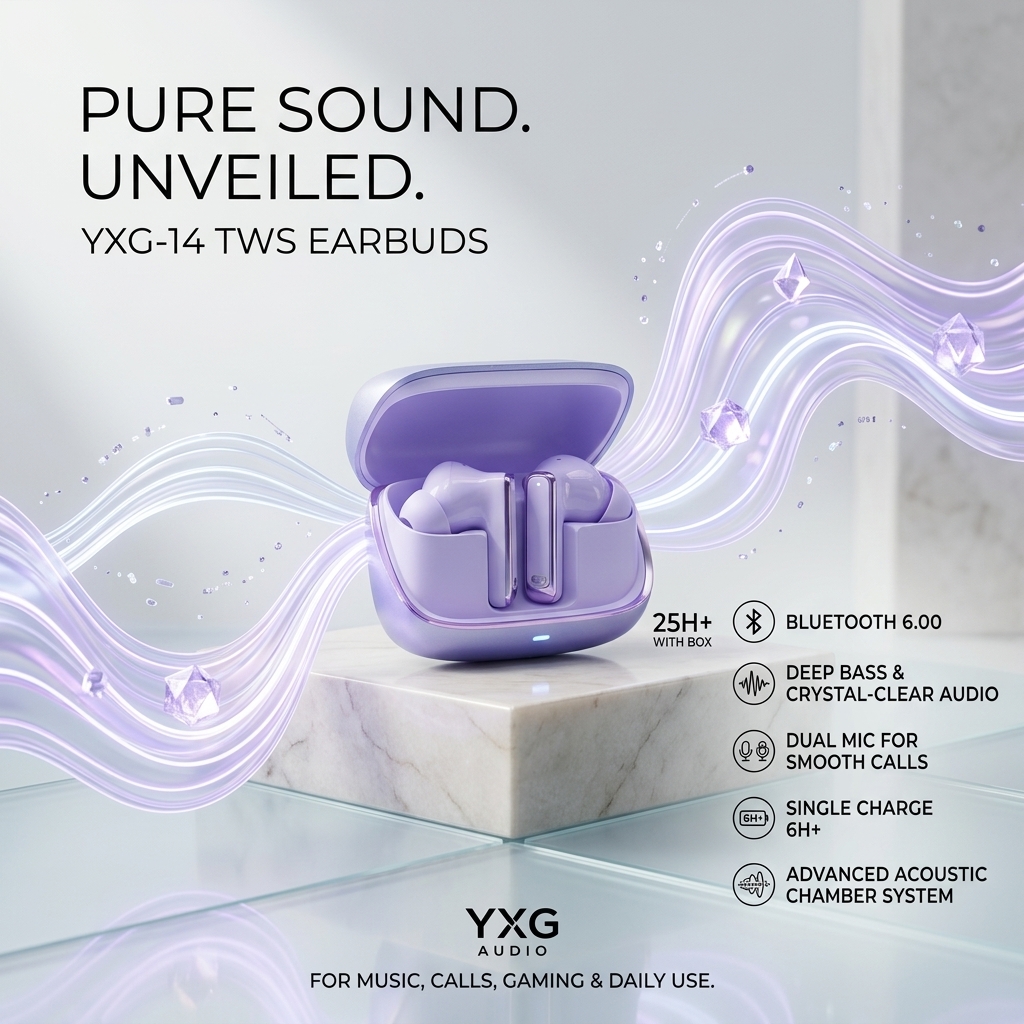 🔊 YXG-14 TWS Earbuds – Powerful Deep Bass Wireless Earbuds with Bluetooth 6.0, Clear Calls, Sweatproof Design, Long Battery Life